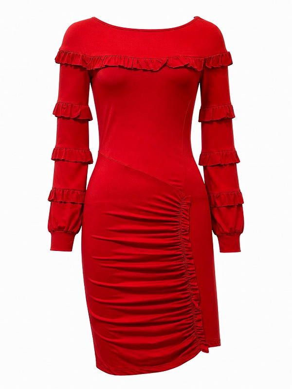 【新品DRESS 165】ティアードフリルストレッチタイトミニドレス レッド【Alessia Santi】
